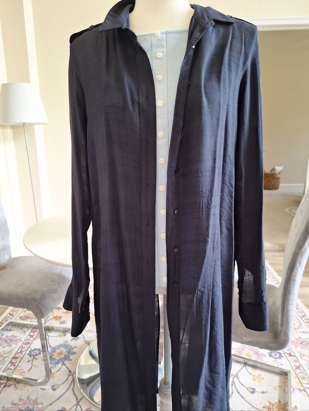 ZARA Lightweight Long Dark Blue Button-Front Duster Size M
